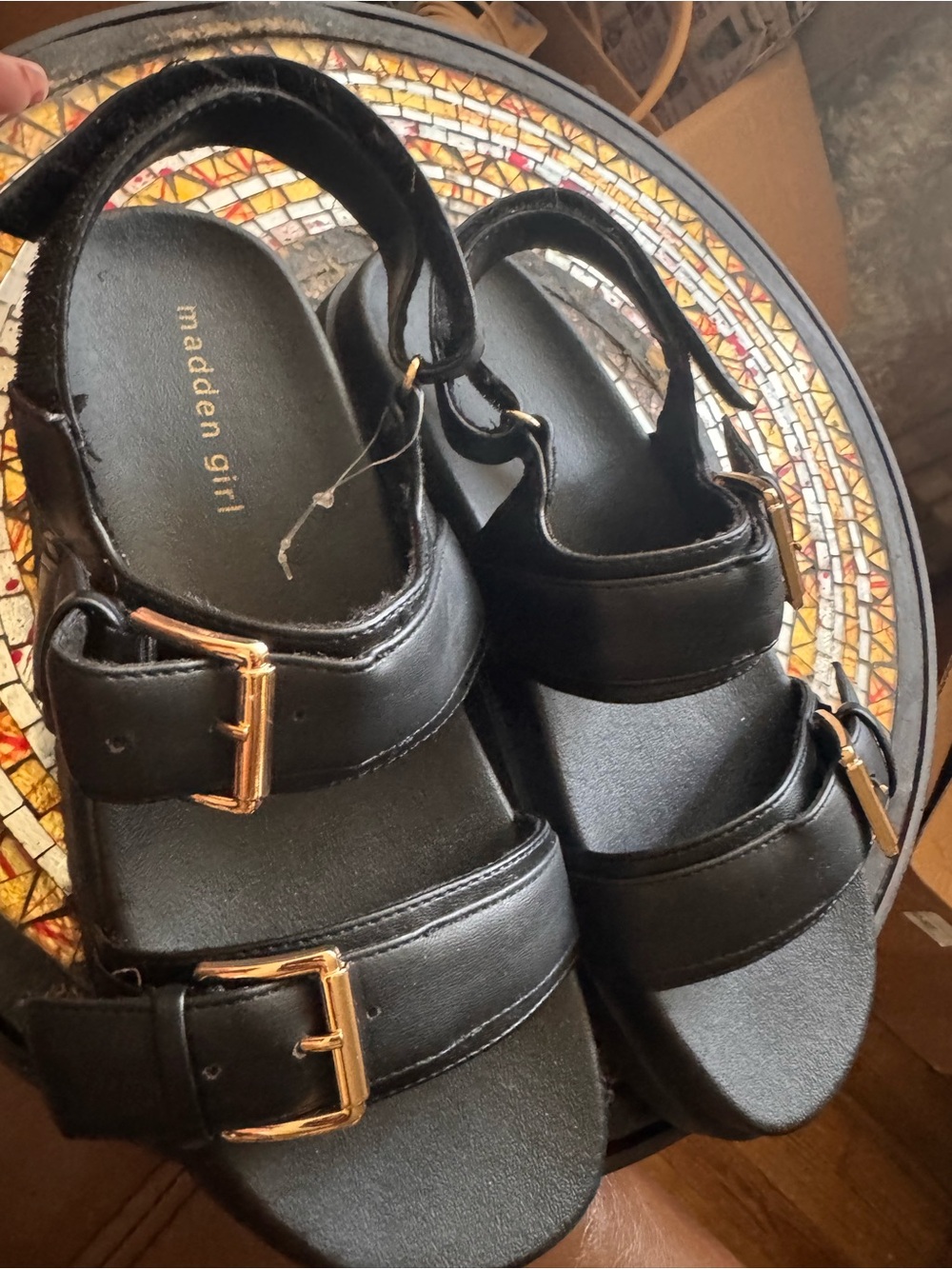 Madden Girl Black Sandals with Gold Buckles Brand New!